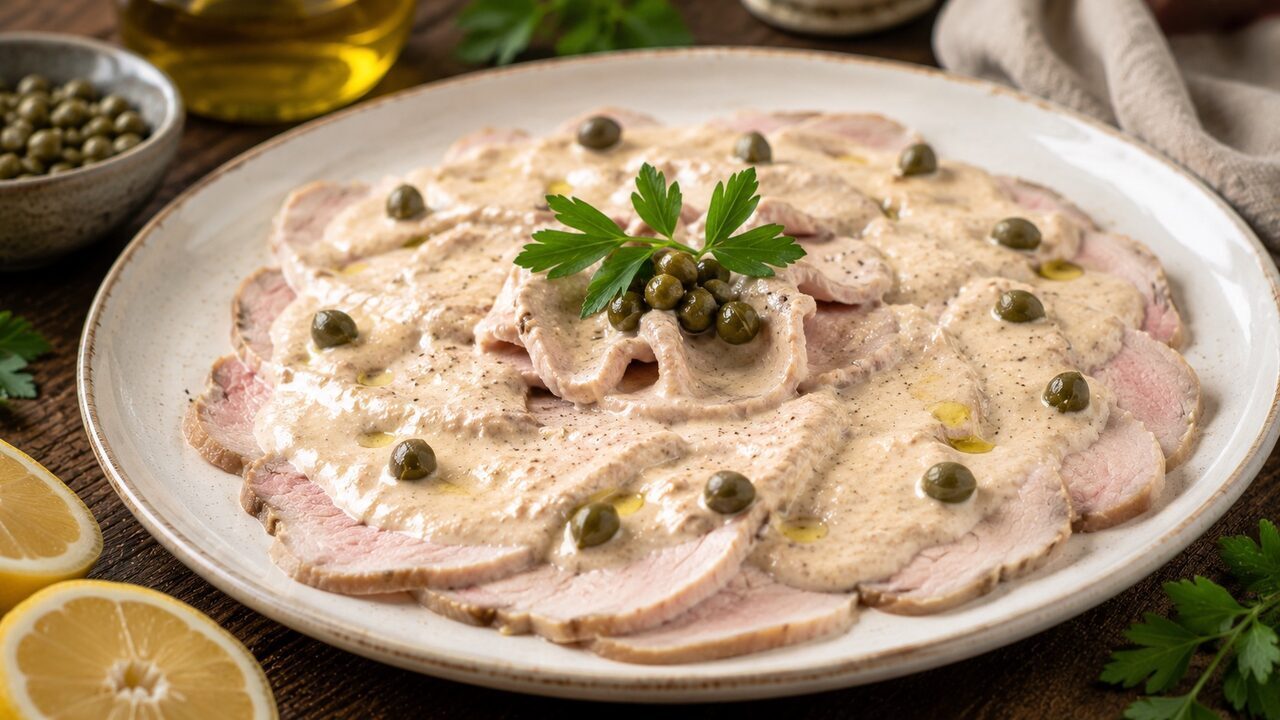 Vitello Tonnato mit dünnem Kalbfleisch, cremiger Thunfischsauce, Kapern, Zitrone und Petersilie