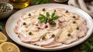 Vitello Tonnato mit dünnem Kalbfleisch, cremiger Thunfischsauce, Kapern, Zitrone und Petersilie