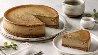 Cheesecake au hojicha cuit avec garniture crémeuse et base biscuitée croustillante