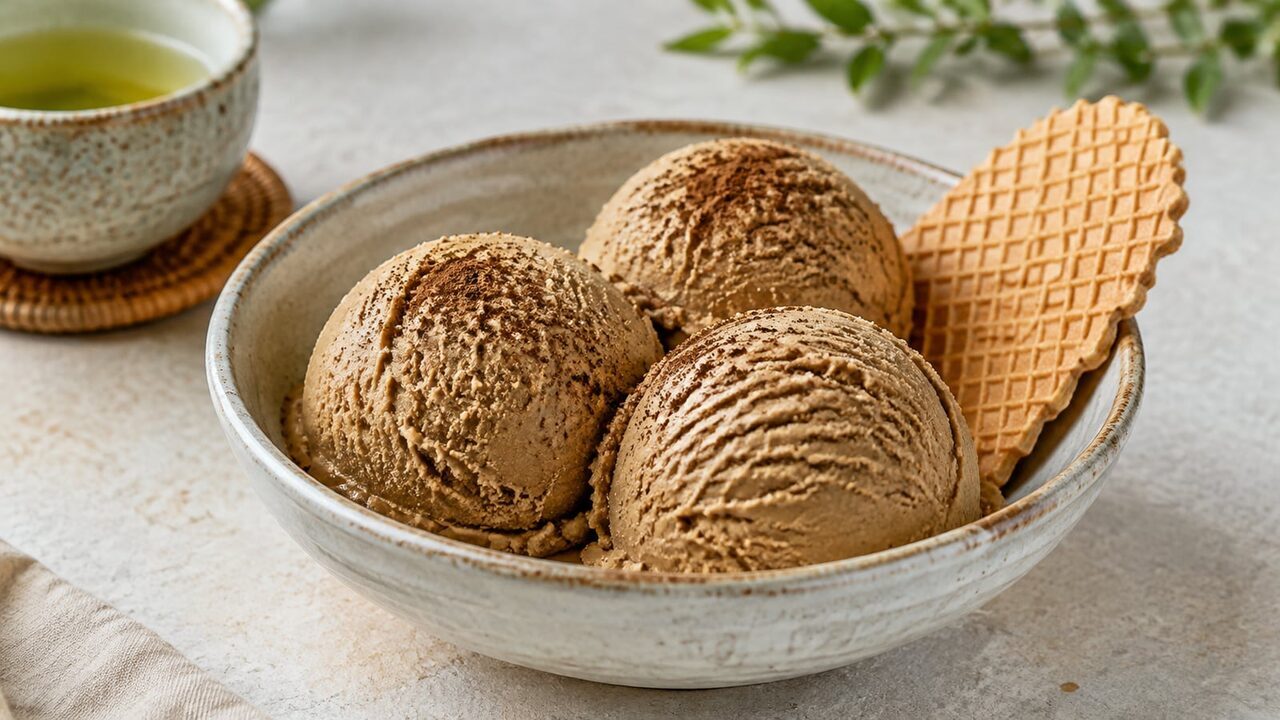 Tres bolas de helado de hojicha cremoso en un cuenco de cerámica clara