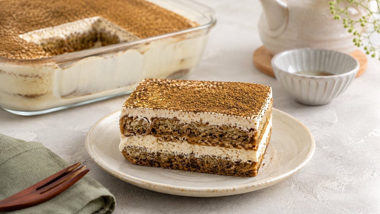 Tiramisu au hojicha en couches avec biscuits, crème au mascarpone et poudre de thé tamisée