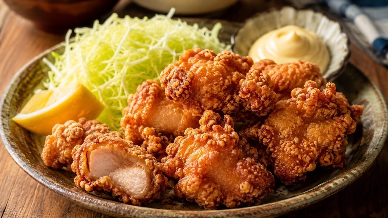 Knuspriges japanisches Karaage mit Zitronenspalten, Spitzkohl und japanischer Mayonnaise