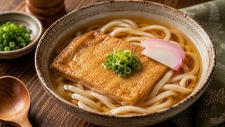 Kitsune Udon mit dicken Nudeln, süß geschmortem Aburaage, Frühlingszwiebeln und klarer Brühe