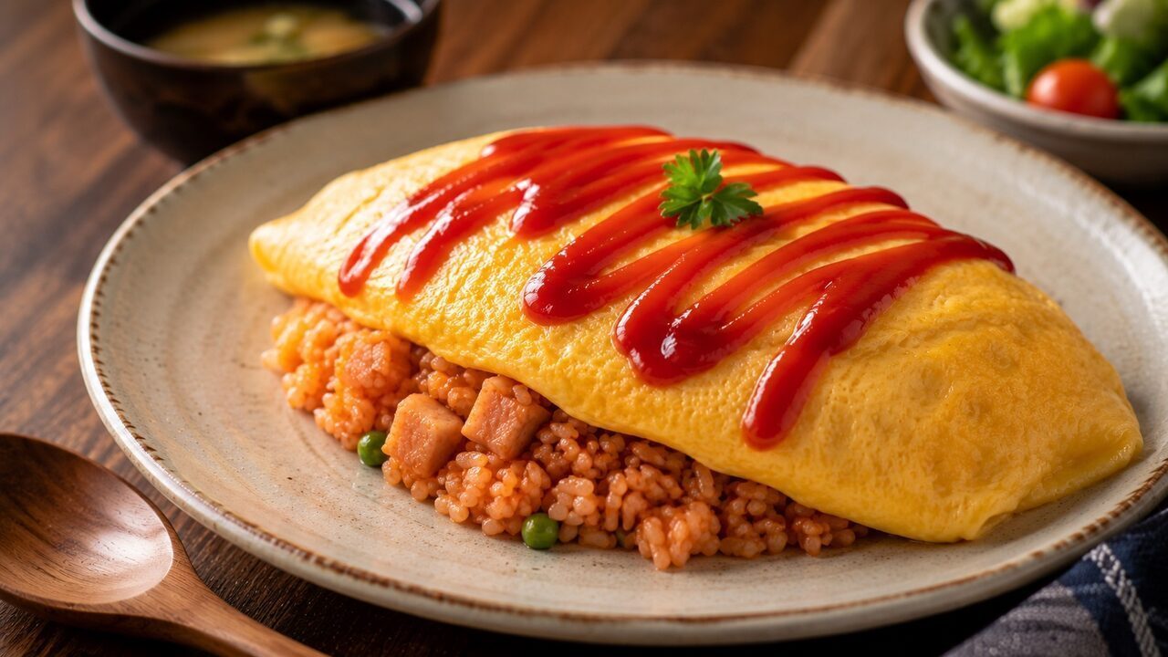 Japanisches Omurice mit dünnem Omelett, Hähnchen-Ketchupreis, Erbsen und Ketchupsauce