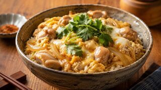 Oyakodon mit Hähnchen, weich gestocktem Ei, Zwiebeln, Reis und Frühlingszwiebeln