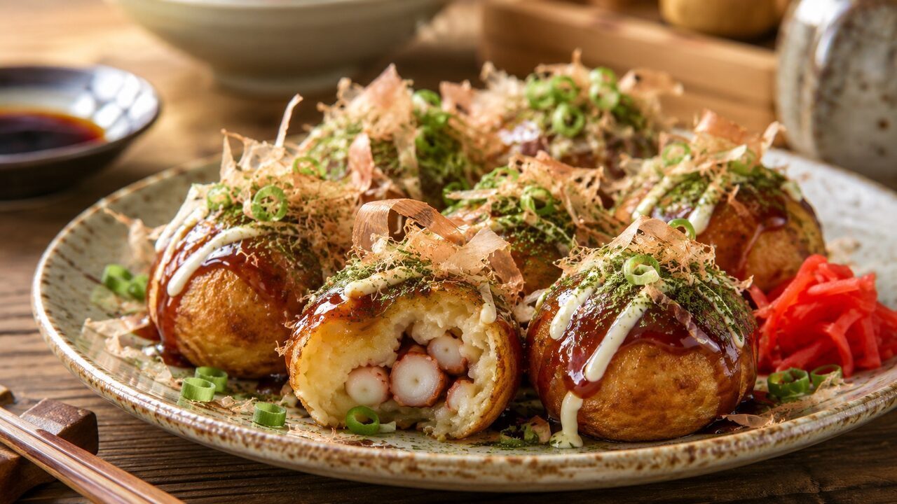 Goldbraune Takoyaki mit Oktopus, Takoyaki-Sauce, japanischer Mayonnaise, Aonori und Bonitoflocken