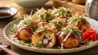 Goldbraune Takoyaki mit Oktopus, Takoyaki-Sauce, japanischer Mayonnaise, Aonori und Bonitoflocken