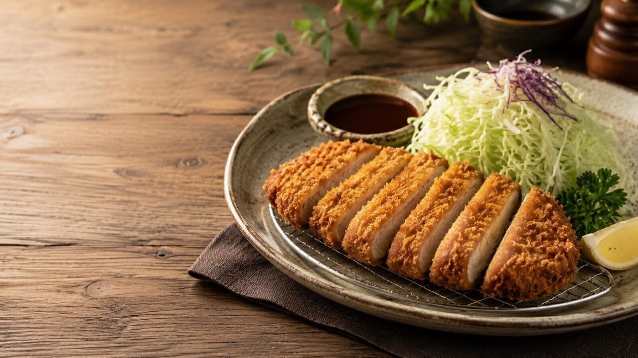 Tonkatsu mit Panko-Kruste, Tonkatsu-Sauce, Reis und fein geschnittenem Kohl