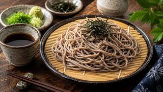 Kalte Zaru Soba mit Nori-Streifen, Tsuyu-Dipsauce, Frühlingszwiebeln und Wasabi