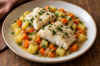 Merluzzo bianco completamente cotto su cubetti arancioni di carota e chiari di patata con prezzemolo