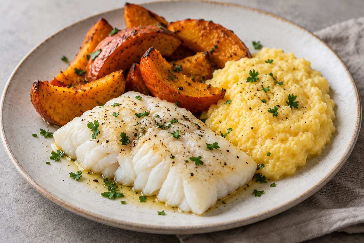 Filet de cabillaud opaque avec quartiers orange de potimarron et polenta jaune crémeuse