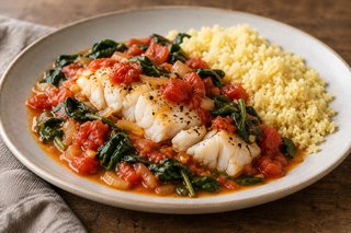 Undurchsichtig gegartes Kabeljaufilet auf rotem Tomatenragout mit dunklem Spinat, daneben lockerer Couscous