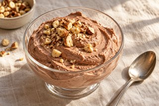 Luftige hellbraune Kakao-Quark-Mousse mit gerösteten Haselnussstücken in einem Dessertglas