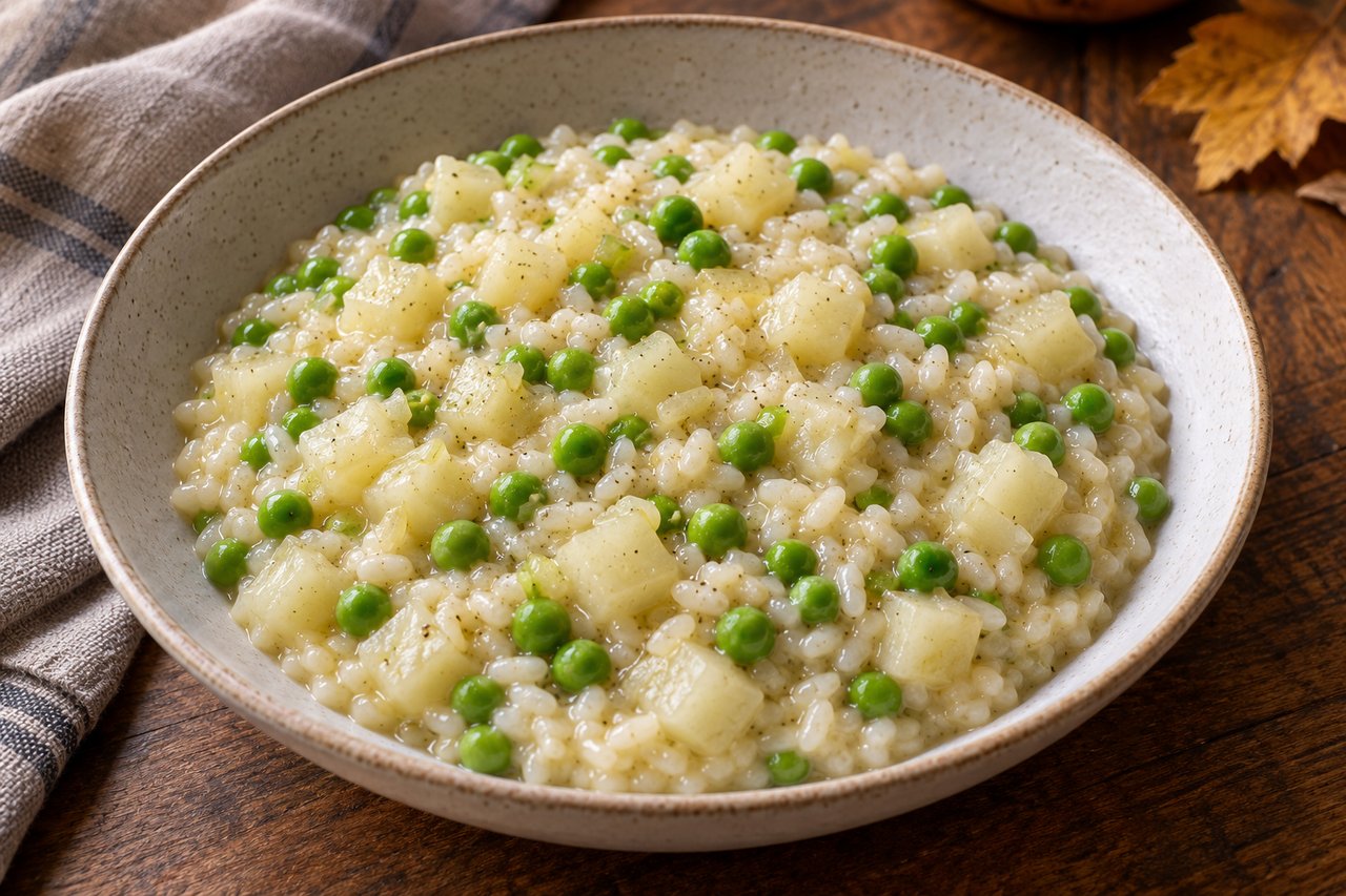 Risotto chiaro cremoso con piccoli cubetti di cavolo rapa e piselli verdi in un piatto fondo