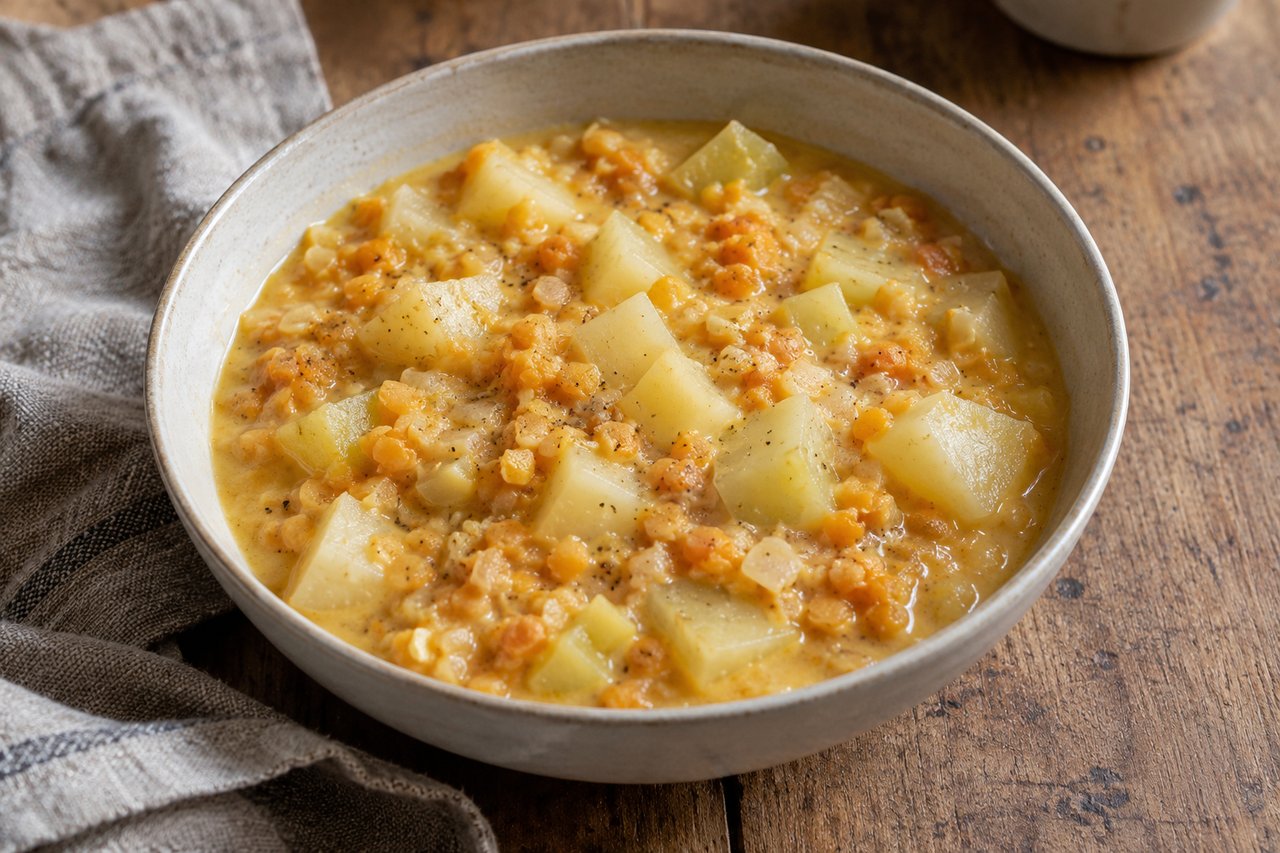 Cubetti chiari di cavolo rapa e lenticchie morbide in un fondo cremoso dorato al cocco senza guarnizioni
