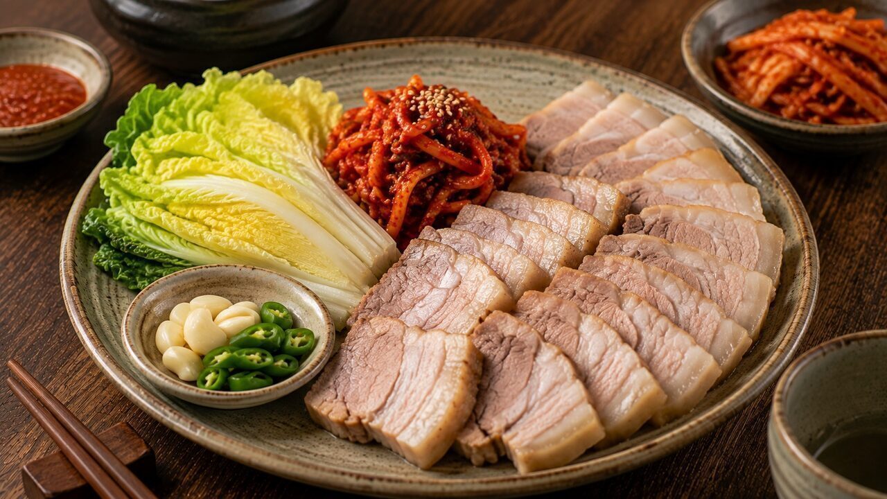Bossam mit dünnem Schweinebauch, Chinakohlblättern, Salat, Kimchi, Knoblauch, Chili und Ssamjang