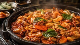 Chuncheon Dakgalbi mit scharfem Hähnchen, Kohl, Süßkartoffel, Reiskuchen und Perillablättern