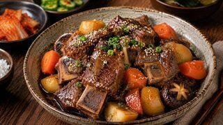 Galbi-jjim with tender beef ribs, Korean radish, carrots, shiitake, chestnuts and sesame seeds
