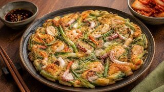 Knuspriger Haemul Pajeon mit Frühlingszwiebeln, Garnelen, Tintenfisch und Soja-Essig-Dip