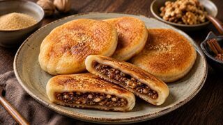 Golden brown Korean Hotteok with liquid brown sugar-cinnamon-nut filling