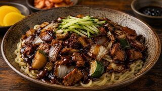 Jjajangmyeon mit dicken Weizennudeln, schwarzer Bohnensauce, Schweinefleisch, Gemüse und Gurkenstreifen