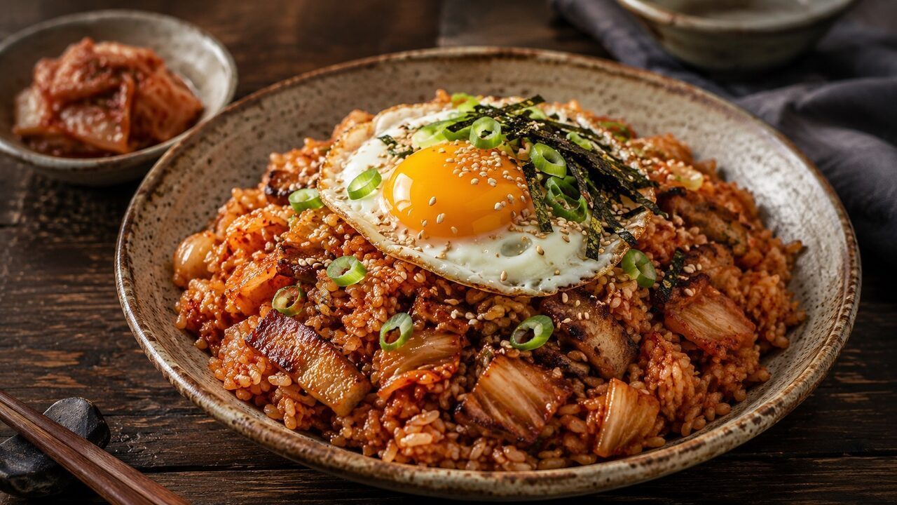 Kimchi Bokkeumbap mit gebratenem Reis, Schweinebauch, Spiegelei, Frühlingszwiebeln, Nori und Sesam