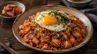 Kimchi Bokkeumbap mit gebratenem Reis, Schweinebauch, Spiegelei, Frühlingszwiebeln, Nori und Sesam