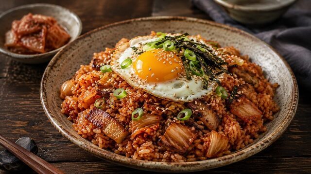 Kimchi Bokkeumbap mit gebratenem Reis, Schweinebauch, Spiegelei, Frühlingszwiebeln, Nori und Sesam