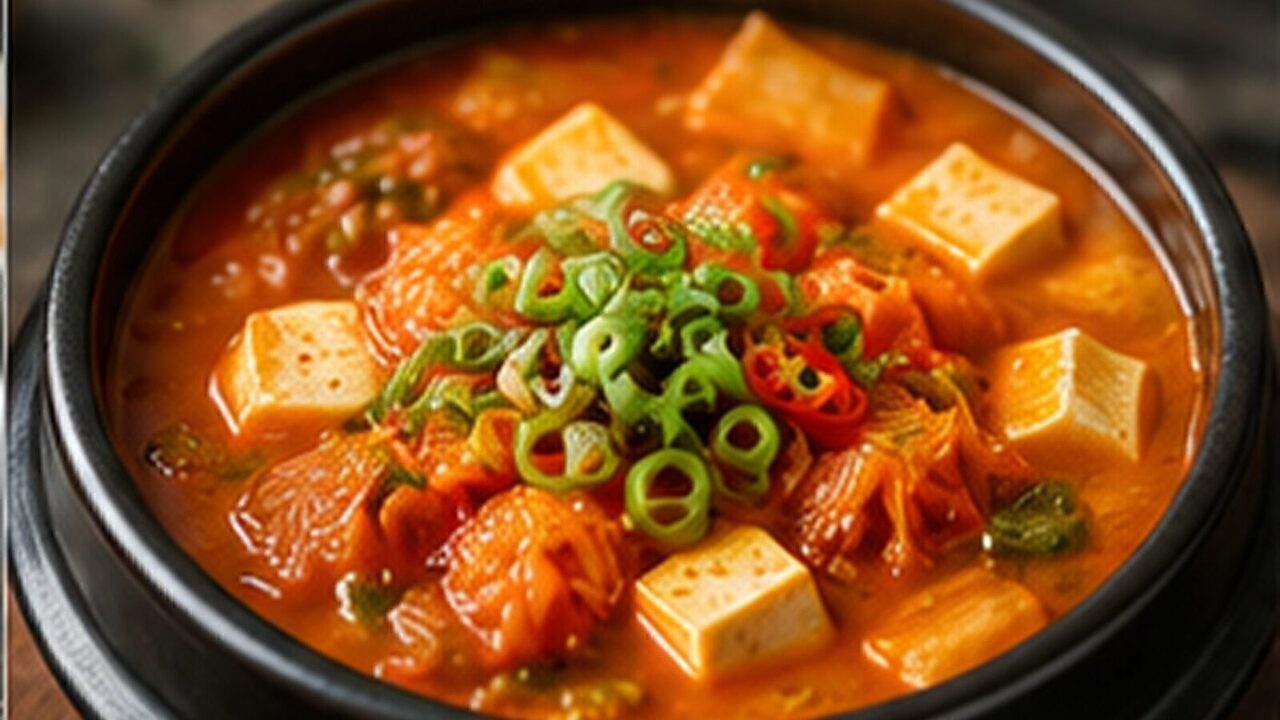 Kimchi Jjigae mit Kimchi, Tofu, Schweinebauch, Frühlingszwiebeln und roter Brühe