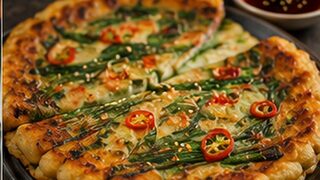 Kimchi Pancakes mit knusprigen Rändern, Frühlingszwiebeln und Soja-Dip