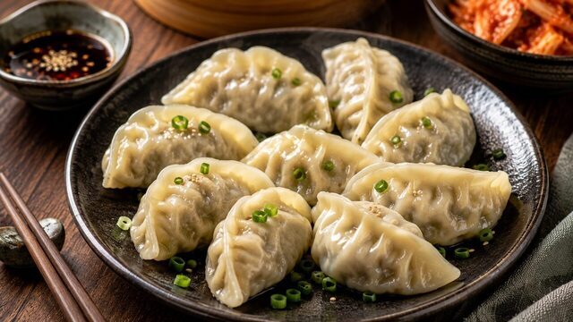 Gedämpfte koreanische Mandu mit Schweinefleisch, Tofu, Kohl, Glasnudeln und Soja-Essig-Dip