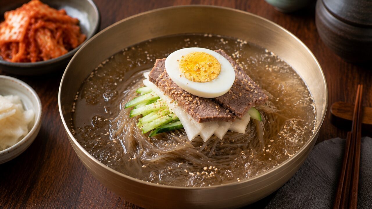Mul Naengmyeon with buckwheat noodles in ice-cold broth, cucumber, pear, radish, beef and egg