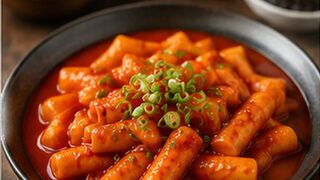 Tteokbokki mit roten Reiskuchen, Fischkuchen, Ei und Frühlingszwiebeln