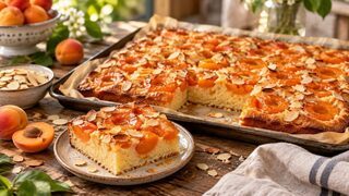 Aprikosenkuchen vom Blech mit dicht gesetzten Aprikosenhälften und goldbraunen Mandelblättchen