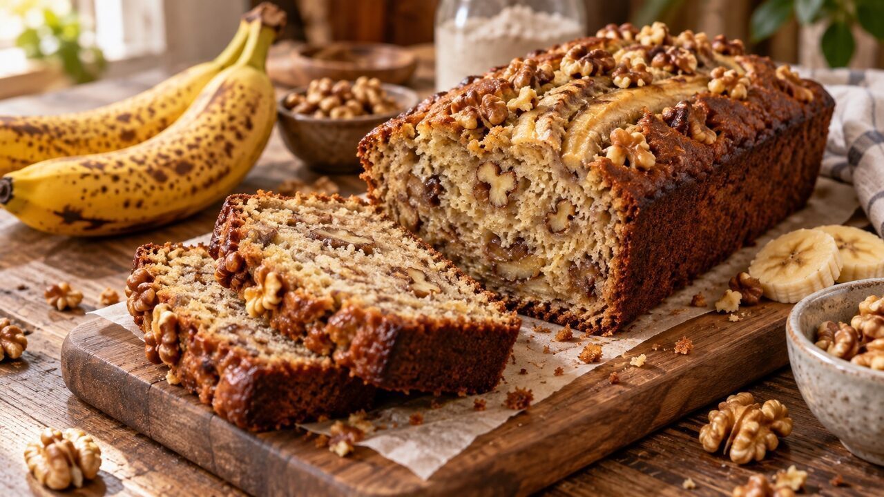 Saftiger Bananen-Walnuss-Kuchen aus der Kastenform mit Bananenscheiben und gerösteten Walnüssen