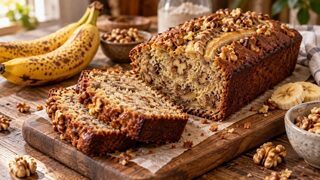Saftiger Bananen-Walnuss-Kuchen aus der Kastenform mit Bananenscheiben und gerösteten Walnüssen