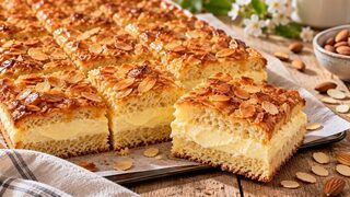 Bienenstich vom Blech mit goldener Mandelkruste, lockerem Hefeteig und dicker Vanillecreme