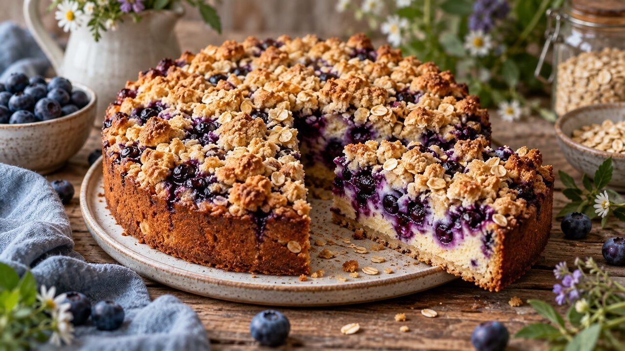 Blaubeerkuchen mit violetten Beeren, saftigem Schmandteig und goldbraunen Haferstreuseln