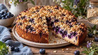 Blaubeerkuchen mit violetten Beeren, saftigem Schmandteig und goldbraunen Haferstreuseln
