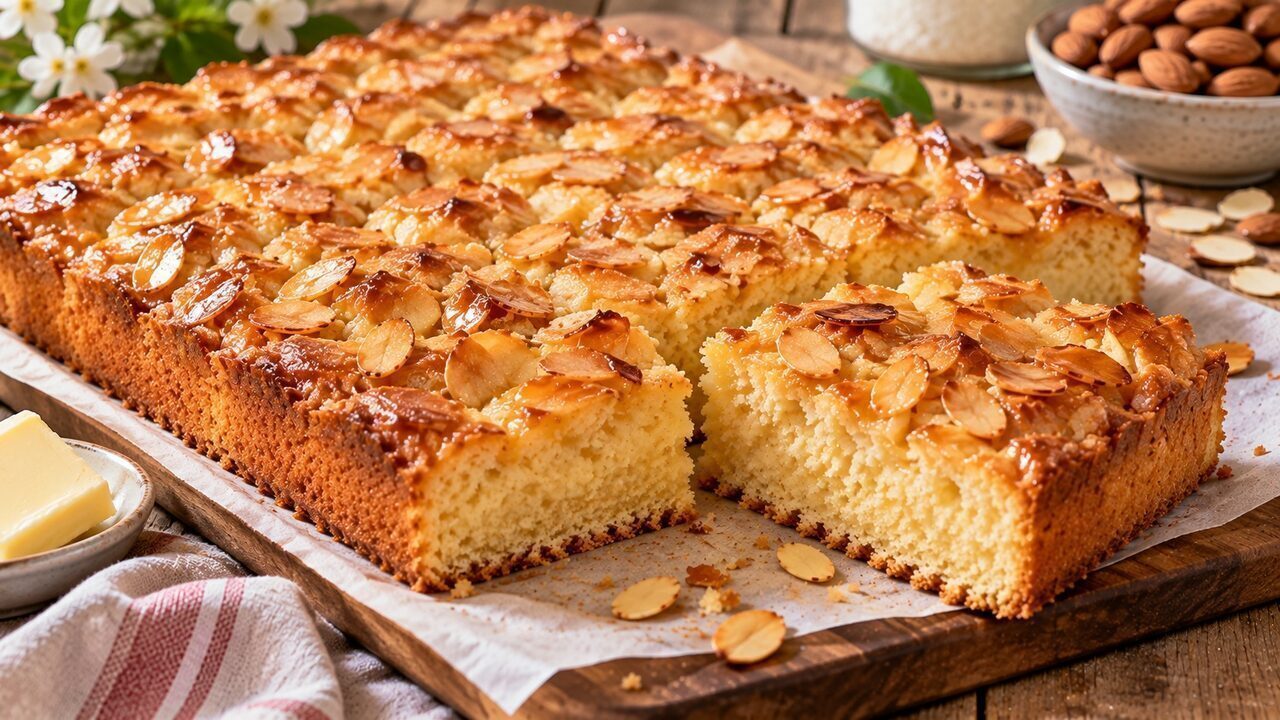 Goldbrauner Butterkuchen vom Blech mit Mandelblättchen, Zuckerkristallen und saftigen Buttermulden