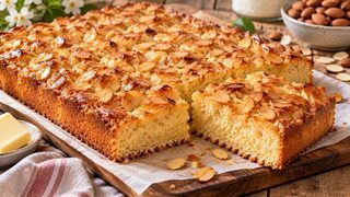 Goldbrauner Butterkuchen vom Blech mit Mandelblättchen, Zuckerkristallen und saftigen Buttermulden