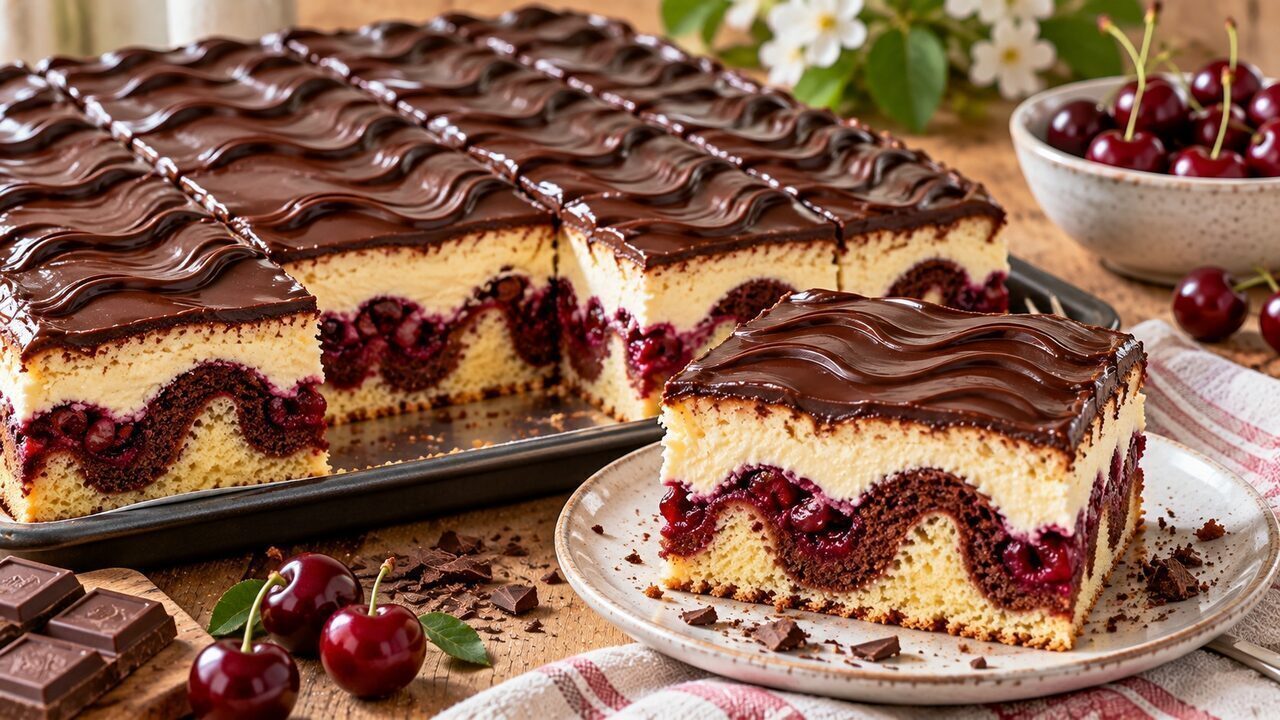Donauwelle mit hellem und dunklem Teig, Sauerkirschen, Vanillebuttercreme und gewellter Schokoladenglasur