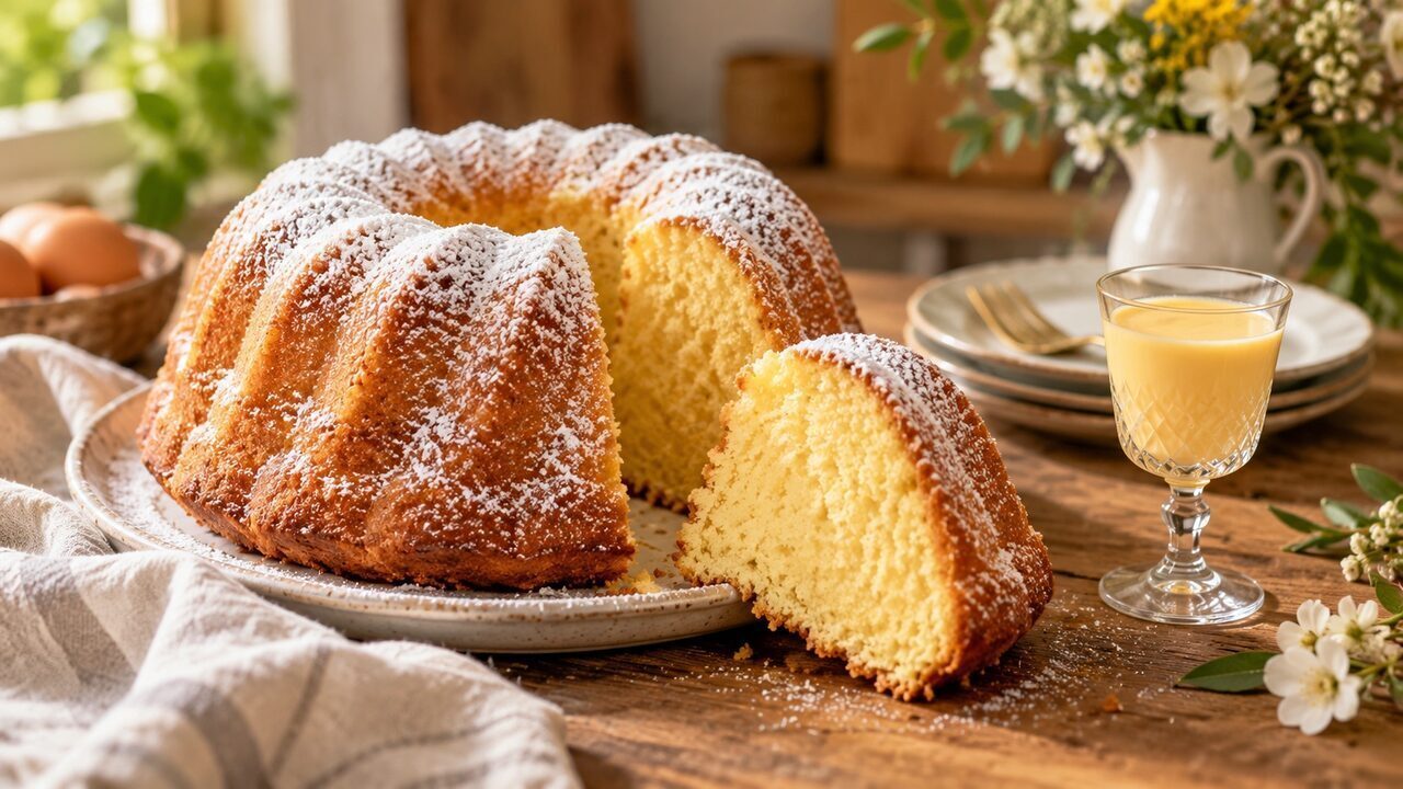 Heller Eierlikörkuchen aus der Gugelhupfform mit Puderzucker und einem kleinen Glas Eierlikör
