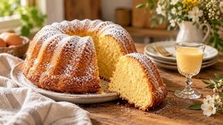 Heller Eierlikörkuchen aus der Gugelhupfform mit Puderzucker und einem kleinen Glas Eierlikör