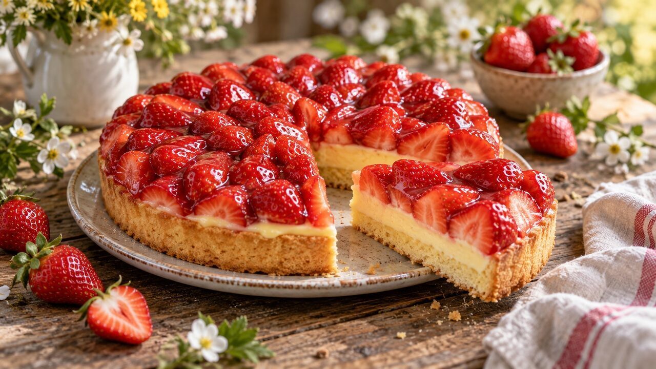Erdbeerkuchen auf Obstboden mit Vanillepudding, dicht gesetzten frischen Erdbeeren und klarem Guss