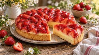 Erdbeerkuchen auf Obstboden mit Vanillepudding, dicht gesetzten frischen Erdbeeren und klarem Guss