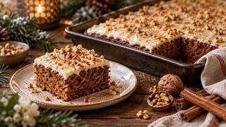 Dunkler Gewürzkuchen vom Blech mit hellem Frischkäseguss, Zimt und fein gehackten Walnüssen