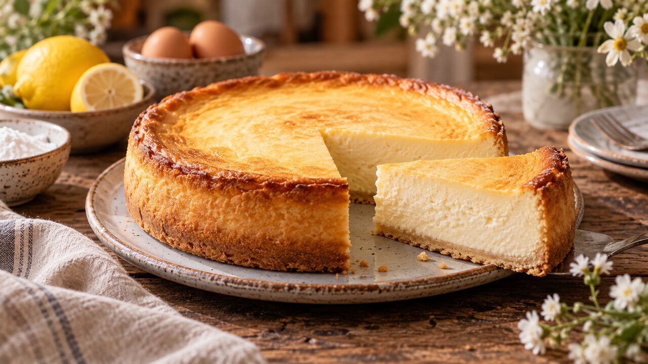 Klassischer Käsekuchen mit goldener Oberfläche, cremiger Quarkfüllung und dünnem Mürbeteigboden