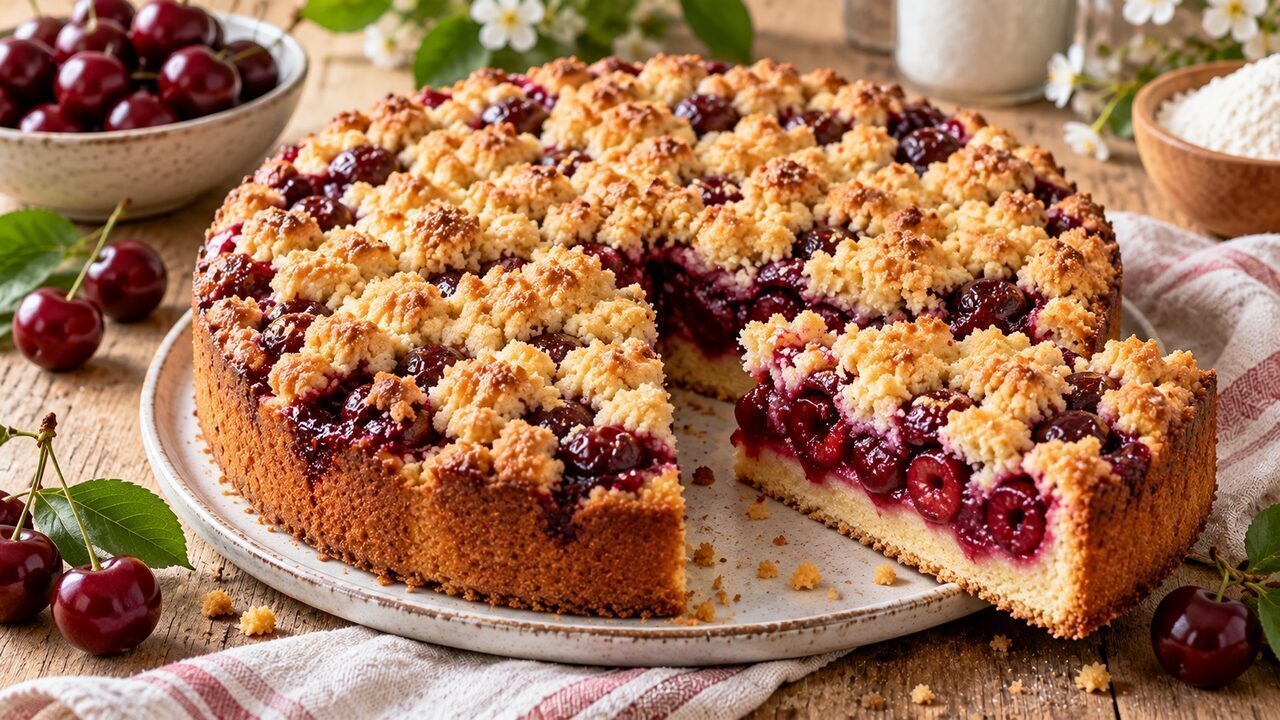 Kirsch-Streuselkuchen mit saftiger Sauerkirschfüllung und groben goldbraunen Butterstreuseln