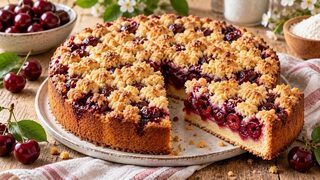 Kirsch-Streuselkuchen mit saftiger Sauerkirschfüllung und groben goldbraunen Butterstreuseln